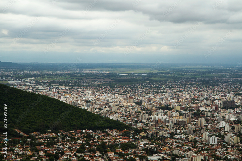South America cities. Aerial view of the town Salta at the foot of the mountain. 