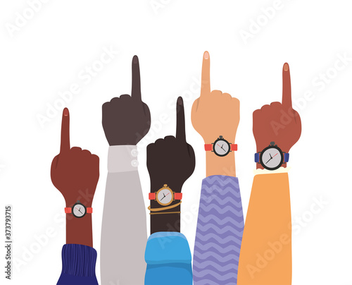 number one sign with hands of different types of skins design, diversity people multiethnic race and community theme Vector illustration
