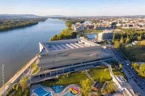 Hungary - Budapest - Duna Arena drone view with Danube river photo