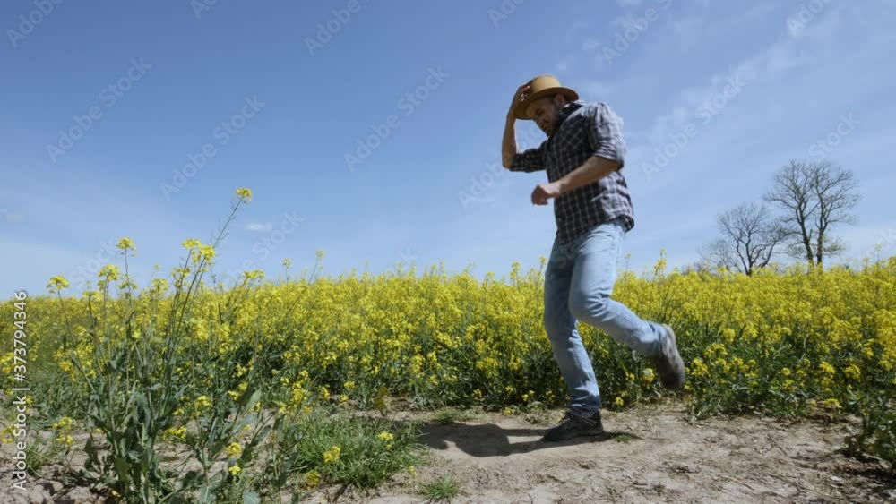 Happy Man Farmer Dancing Enjoying at Rape Blossom On Field. Fun Celebrating Funny Viral Dance Freedom. Guy Enjoying Dance. Joyful Man Farmer Dancing. Slow Motion. Flowering Rapeseed Field Blue Sky. Happy Man Farmer Dancing Enjoying at Rape Blossom On Field. Fun Celebrating Funny Viral Dance Freedom. Guy Enjoying Dance. Joyful Man Farmer Dancing. Slow Motion. Flowering Rapeseed Field Blue Sky.