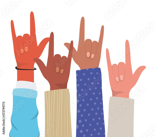 rock sign with hands of different types of skins design, diversity people multiethnic race and community theme Vector illustration