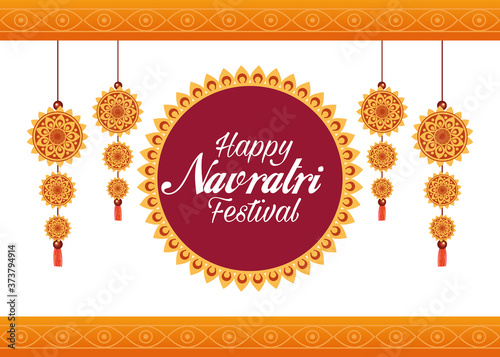 happy navratri celebration card lettering with decorations hanging photo