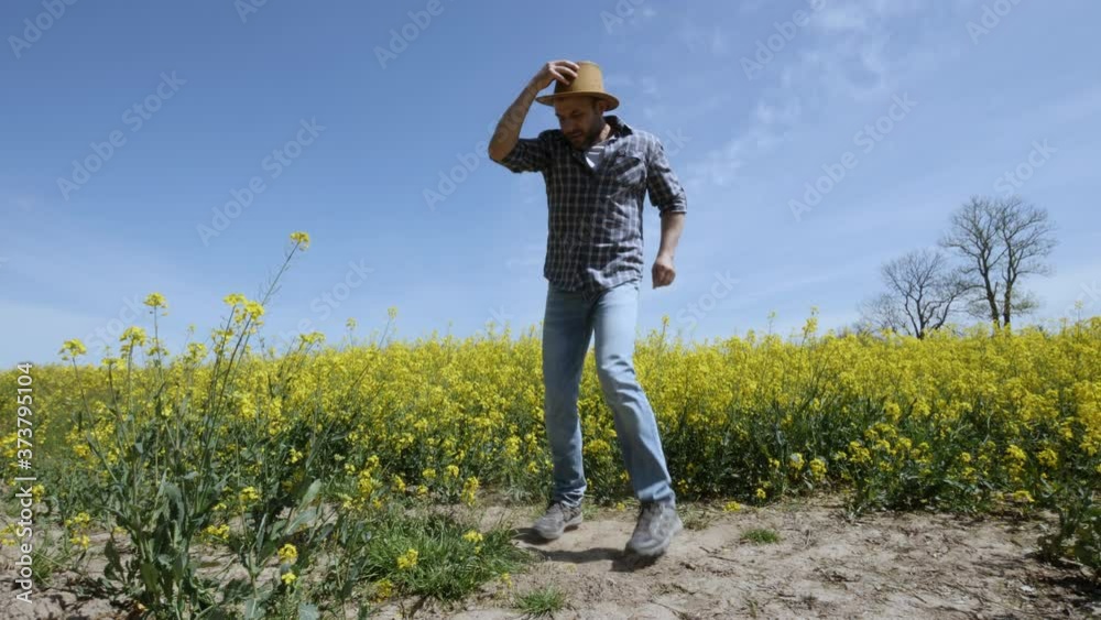 Happy Man Farmer Dancing Enjoying at Rape Blossom On Field. Fun Celebrating Funny Viral Dance Freedom. Guy Enjoying Dance. Joyful Man Farmer Dancing. Slow Motion. Flowering Rapeseed Field Blue Sky. Happy Man Farmer Dancing Enjoying at Rape Blossom On Field. Fun Celebrating Funny Viral Dance Freedom. Guy Enjoying Dance. Joyful Man Farmer Dancing. Slow Motion. Flowering Rapeseed Field Blue Sky.