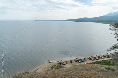 View on lake Baikal, mountains and forest from the top photo