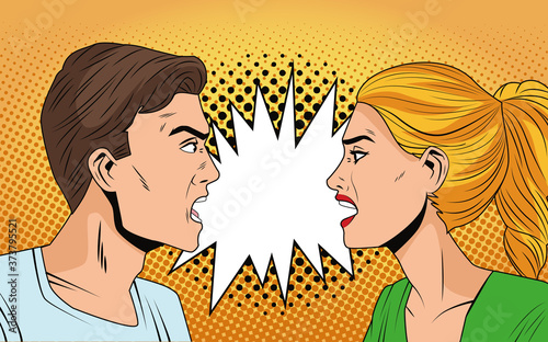 young couple angry characters pop art style