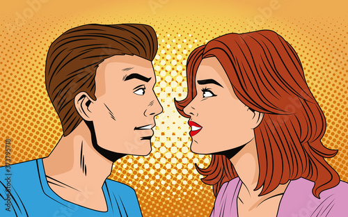 young couple characters pop art style