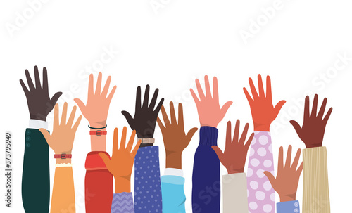 open hands up of different types of skins design, diversity people multiethnic race and community theme Vector illustration