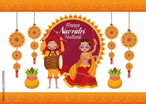 happy navratri celebration card lettering with woman dancing and man playing drum