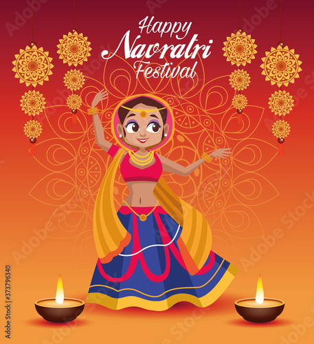 happy navratri celebration card lettering with woman dancing and candles