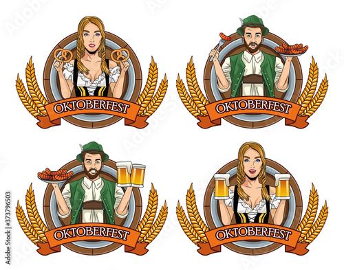 oktoberfest card with german people with food and beers