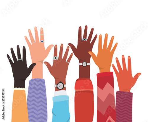 open hands up of different types of skins design, diversity people multiethnic race and community theme Vector illustration