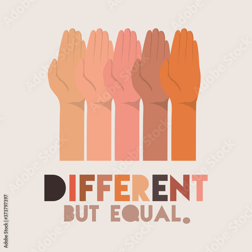 different but equal and diversity skins hands up design, people multiethnic race and community theme Vector illustration