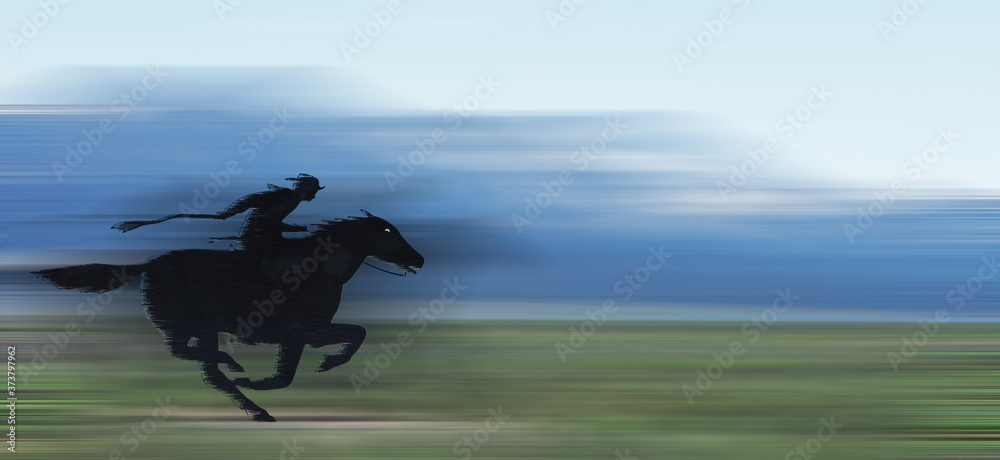 Pony Express Illustration - An illustration of a pony express rider with a blurred background to express motion