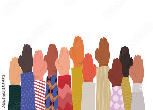 up hands with closed palm of different types of skins design, diversity people multiethnic race and community theme Vector illustration