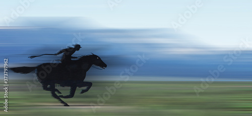 Pony Express Illustration - An illustration of a pony express rider with a blurred background to express motion photo