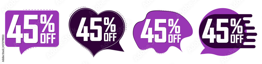 Set Sale 45% off speech bubble banners, discount tags design template, extra deals, vector illustration Set Sale 45% off speech bubble banners, discount tags design template, extra deals, vector illustration
