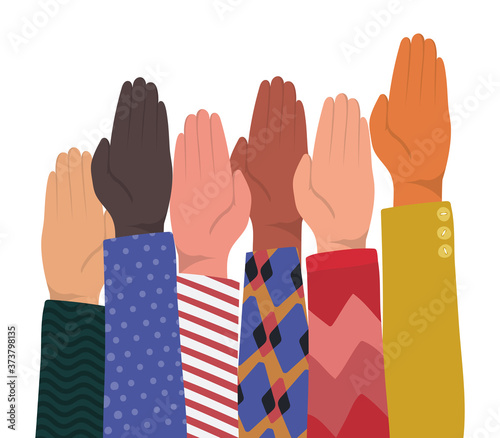 up hands with closed palm of different types of skins design, diversity people multiethnic race and community theme Vector illustration