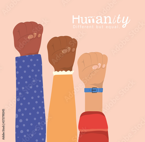 humanity different but equal and diversity fists hands up design, people multiethnic race and community theme Vector illustration