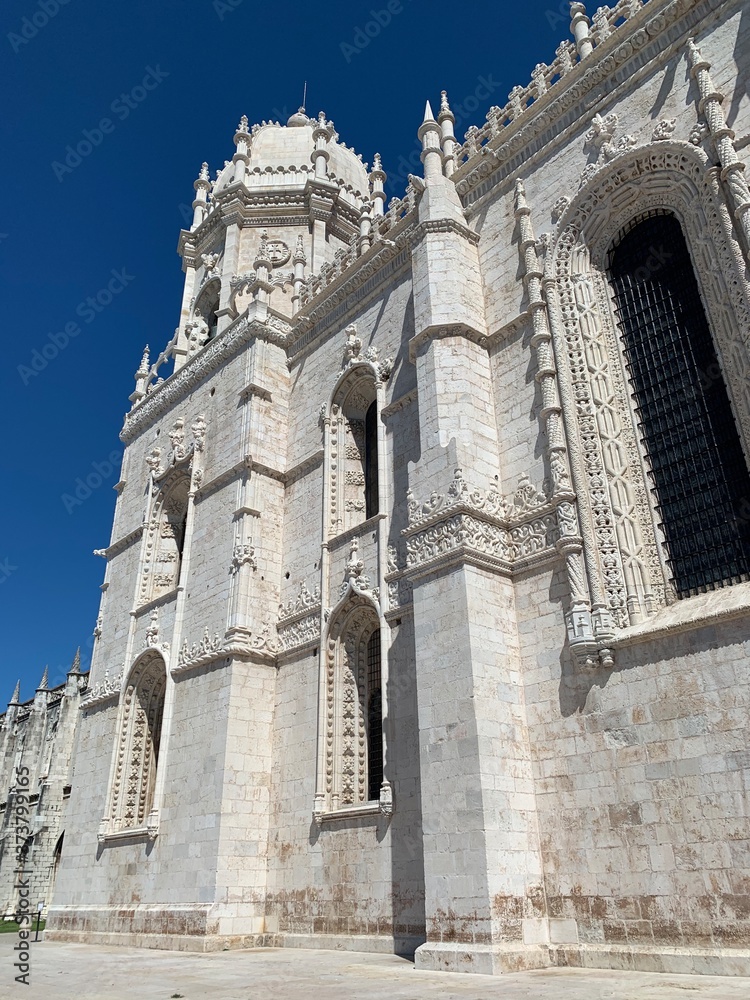 Close-up view of the facade of the beautiful Hieronymites Monastery of Jeronimos in Belem, Lisbon