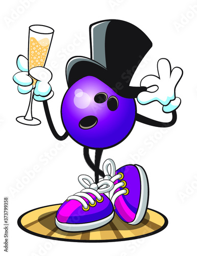 Bowling ball character with a glass of champagne on New Year’s Eve