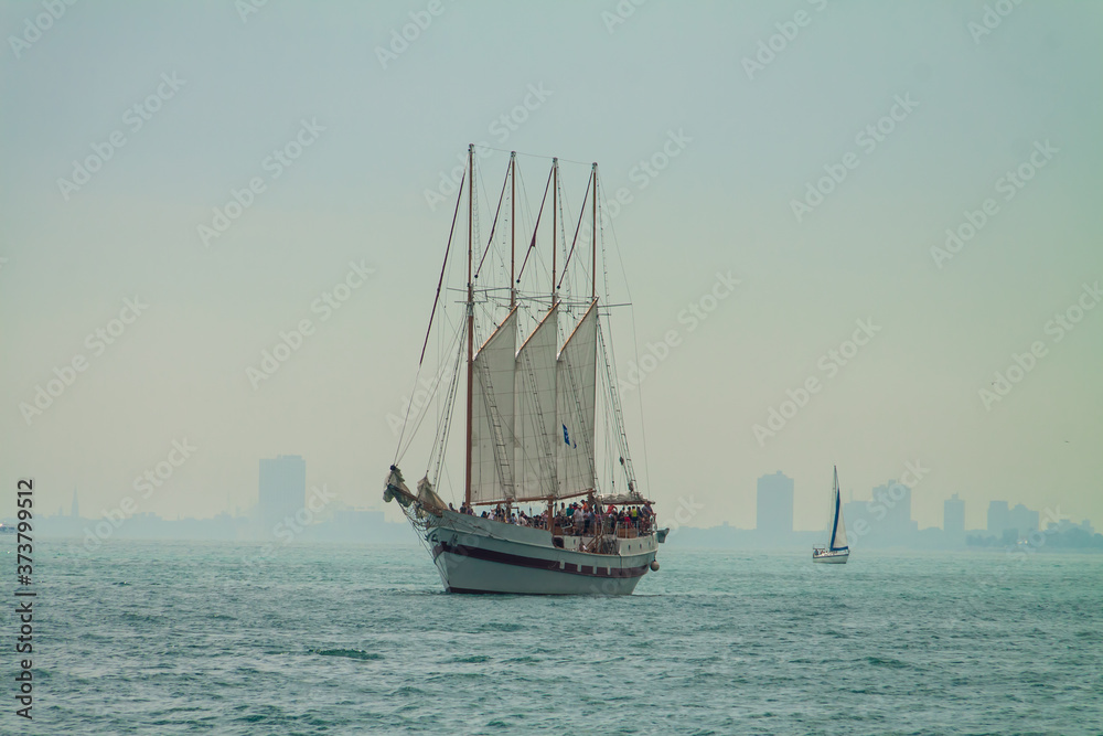 The Tall Ship Sailing Lake Michigan With  Chicago Skyline in the Distance, Chicago, Illinois, USA