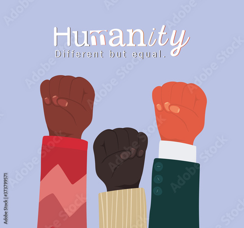 humanity different but equal and diversity fists hands up design, people multiethnic race and community theme Vector illustration