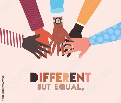 different but equal and diversity skins hands touching each other design, people multiethnic race and community theme Vector illustration