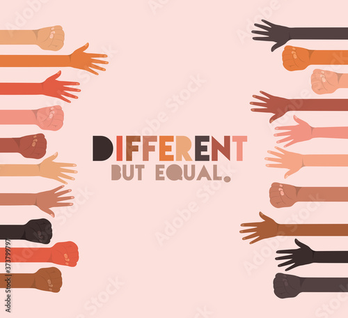 different but equal and diversity skins hands up design, people multiethnic race and community theme Vector illustration