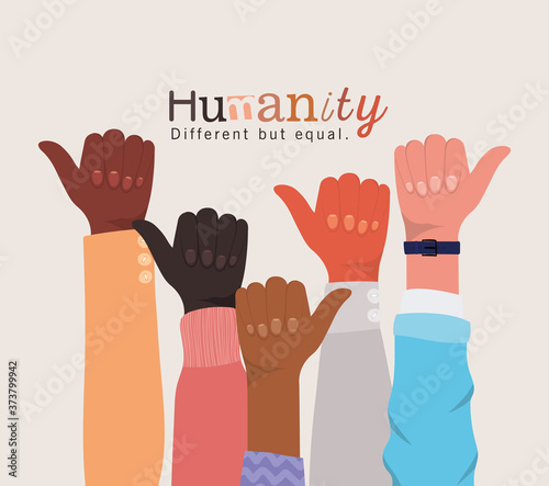 humanity different but equal and diversity like hands up design, people multiethnic race and community theme Vector illustration