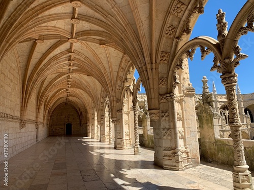 Beautiful reticulated vaulting on courtyard or cloisters of Hieronymites Monastery, Mosteiro dos Jeronimos, famous Lisbon landmark in Belem district and Unesco Heritage, Portugal