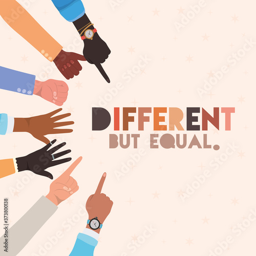 different but equal and diversity skins hands signs design, people multiethnic race and community theme Vector illustration