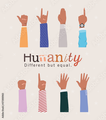 humanity different but equal and diversity hands up design, people multiethnic race and community theme Vector illustration