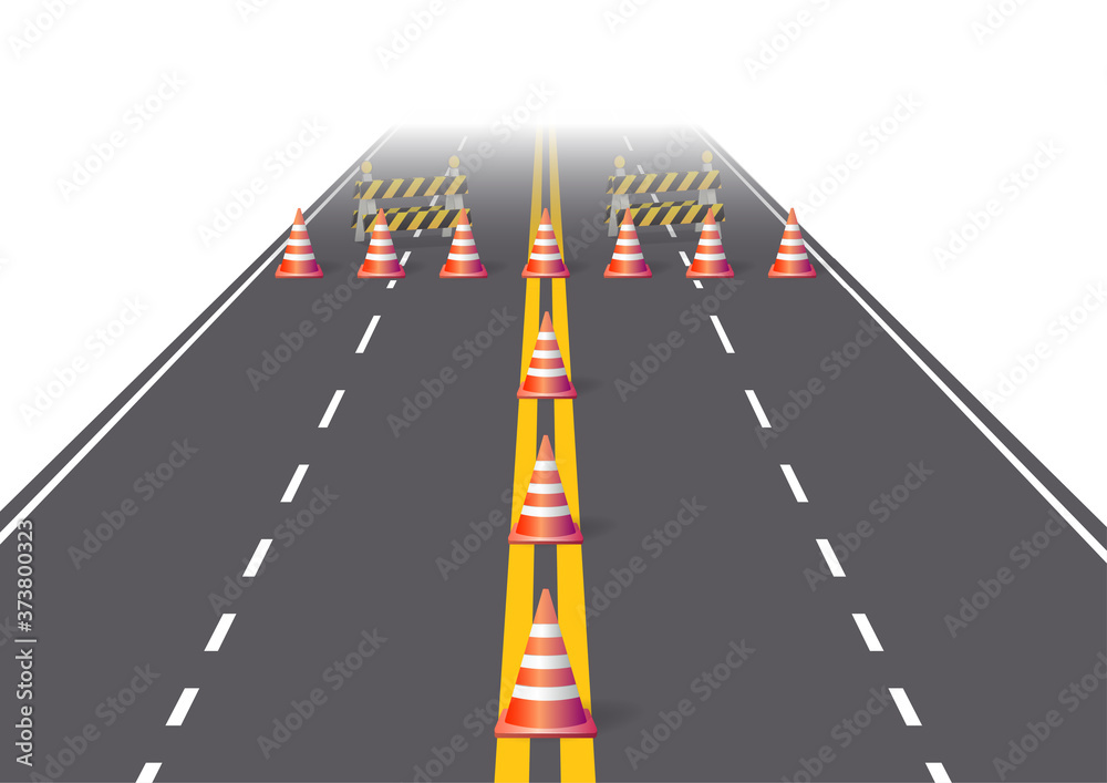 Asphalt road with cones and construction sign.