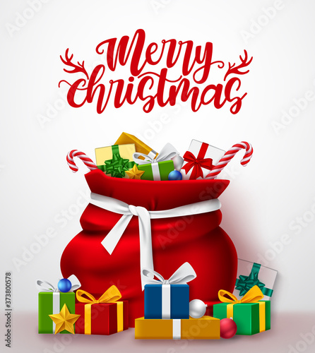 Merry christmas vector background template design. Merry christmas text in empty space for greeting card and red santa bag with gift elements for xmas holiday celebration. Vector illustration