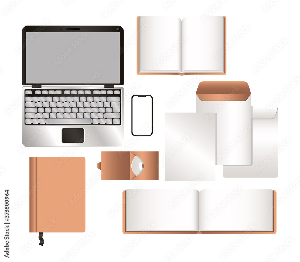 mockup laptop smartphone and set of corporate identity and stationery design theme Vector illustration mockup laptop smartphone and set of corporate identity and stationery design theme Vector illustration