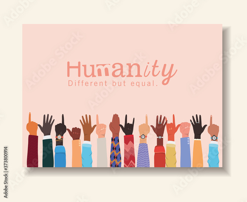 humanity different but equal and diversity hands up design, people multiethnic race and community theme Vector illustration