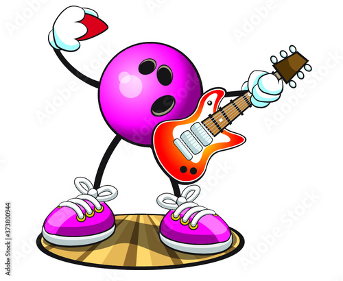 Bowling ball character rocking a guitar