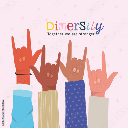 diversity together we are stronger and rock hands up design, people multiethnic race and community theme Vector illustration