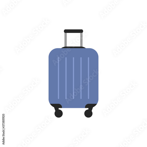 Blue travel plastic suitcase icon with black wheels and handle isolated on white background. Luggage flat sign or logo. Trip vacation element design Baggage symbol icon infographic vector illustration
