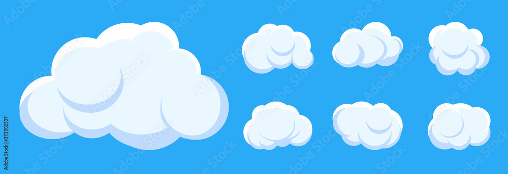 White cloud cartoon style set on blue sky background. Graphic weather symbol clouds icon for text, design web service. Template sticker of different shape fun air bubbles Isolated vector illustration