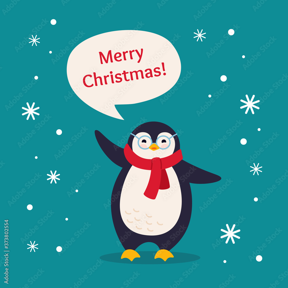 Penguin cartoon greeting postcard Merry Christmas. Smile happy New year animal character with speech bubble, greeting, glasses. Cute card flat hand drawn penguin banner. Isolated vector illustration Penguin cartoon greeting postcard Merry Christmas. Smile happy New year animal character with speech bubble, greeting, glasses. Cute card flat hand drawn penguin banner. Isolated vector illustration