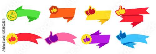 Ribbon tape thumb up, flat design set. Web stickers, cartoon design, colorful sign. Colorful web icon kit. Origami banner empty, label blank collection, decorative icons. Isolated vector illustration