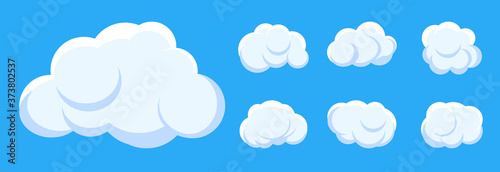 White cloud cartoon style set on blue sky background. Graphic weather symbol clouds icon for text, design web service. Template sticker of different shape fun air bubbles Isolated vector illustration