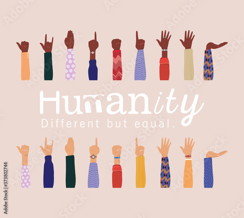humanity different but equal and diversity hands up design, people multiethnic race and community theme Vector illustration