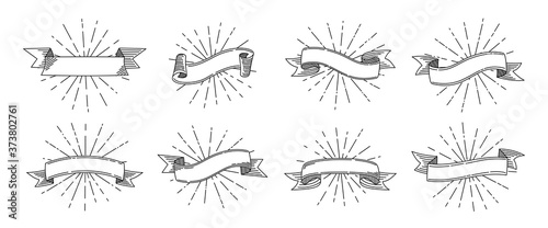 Ribbon retro set. Old design tape with light rays, sketch cartoon blank ribbons collection. Ancient grunge banners or invitations. Web icon kit of text banner tapes. Isolated vector illustration