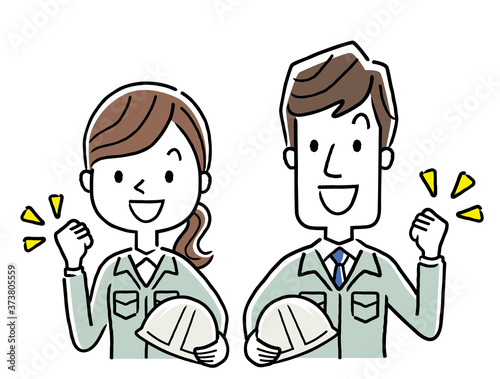 Stock illustration: young men and women wearing work clothes, motivated