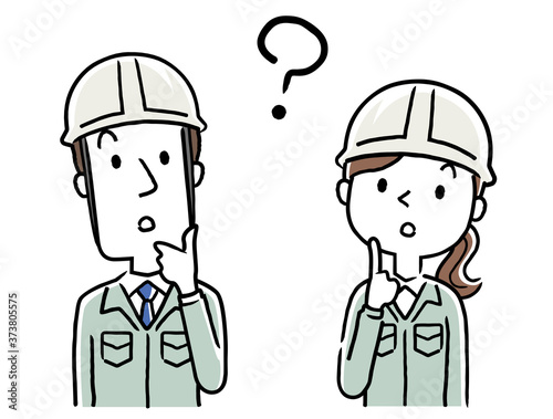 Stock illustration: young men and women wearing work clothes, have doubts