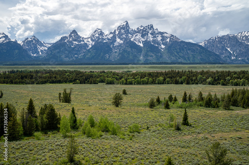 View from Teton Point turnout in Grand Teton National Park in Wyoming, summer view