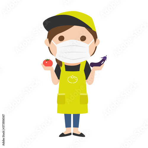 マスクをしてる八百屋さんの女性のイラスト。