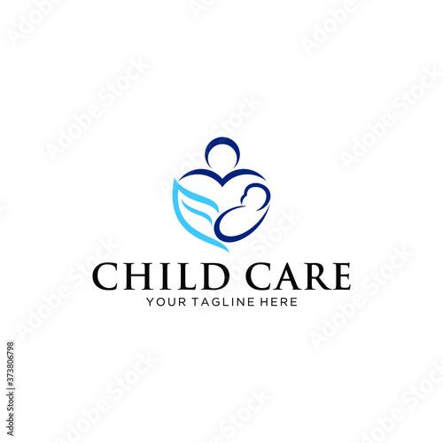 Mother holding Child baby Heart shape Logo design vector template. Medicine Clinic Care Charity Fund Logotype concept icon.